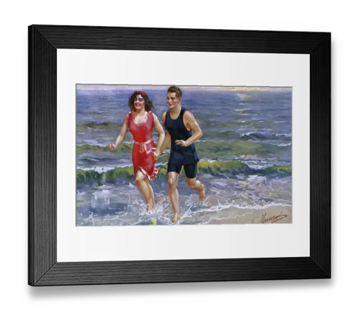 Framed Print : Sporty Italian couple on holidy jog through the surf Framed Print : Sporty Italian couple on holidy jog through the surf