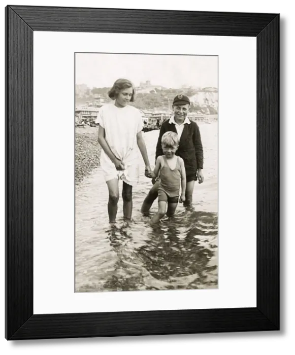 Framed Print : Three children having a paddle - Dover, Kent Framed Print : Three children having a paddle - Dover, Kent