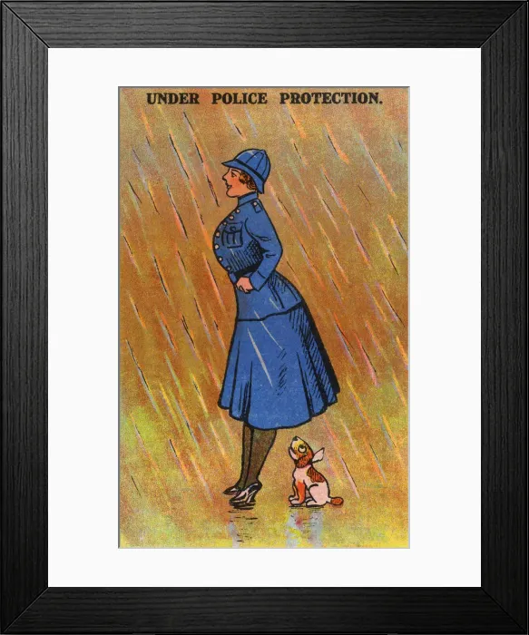 Framed Print : Under Police Protection - small dog sheltering Framed Print : Under Police Protection - small dog sheltering