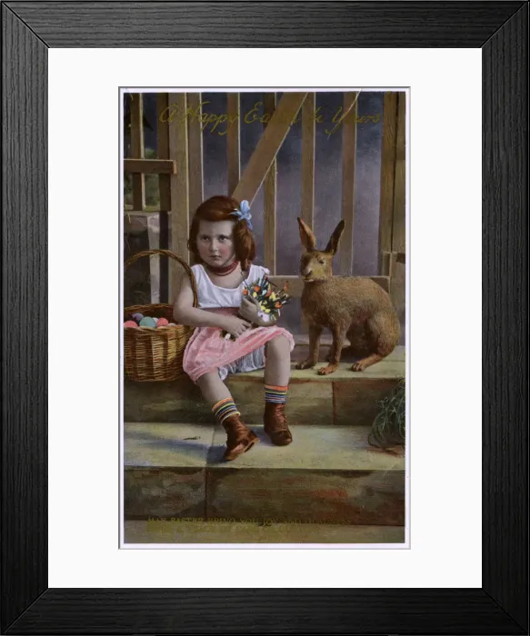 Framed Print : Easter Greetings Postcard - Basket of Eggs and Bunny Framed Print : Easter Greetings Postcard - Basket of Eggs and Bunny