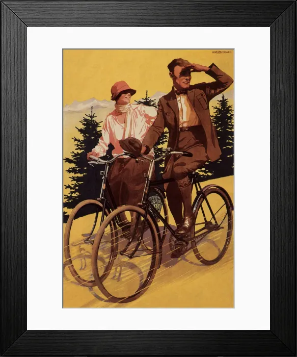 Framed Print : Bike Couple with Pines Date: 1925 Framed Print : Bike Couple with Pines Date: 1925
