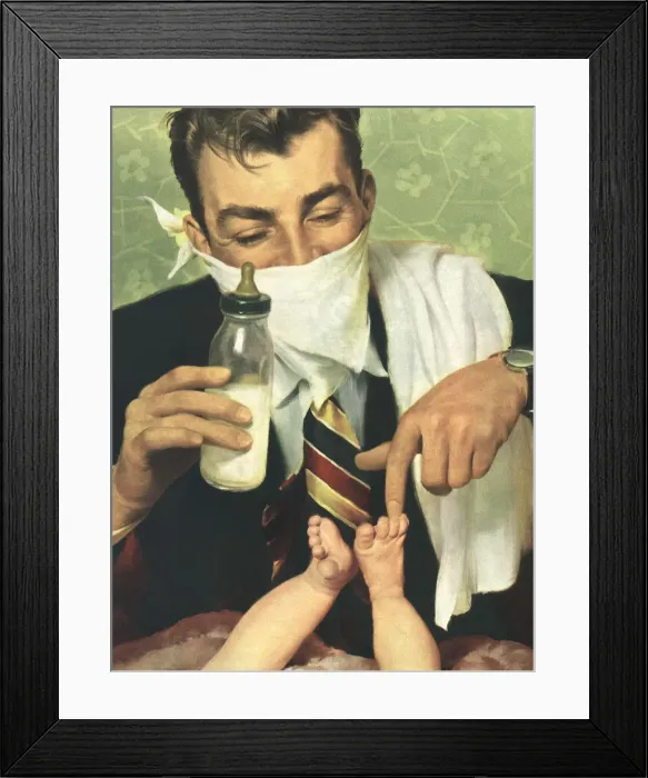 Framed Print : Father wearing Handkerchief with Baby Date: 1951 Framed Print : Father wearing Handkerchief with Baby Date: 1951