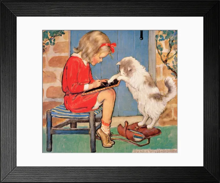 Framed Print : Girl Writing with Cat Framed Print : Girl Writing with Cat