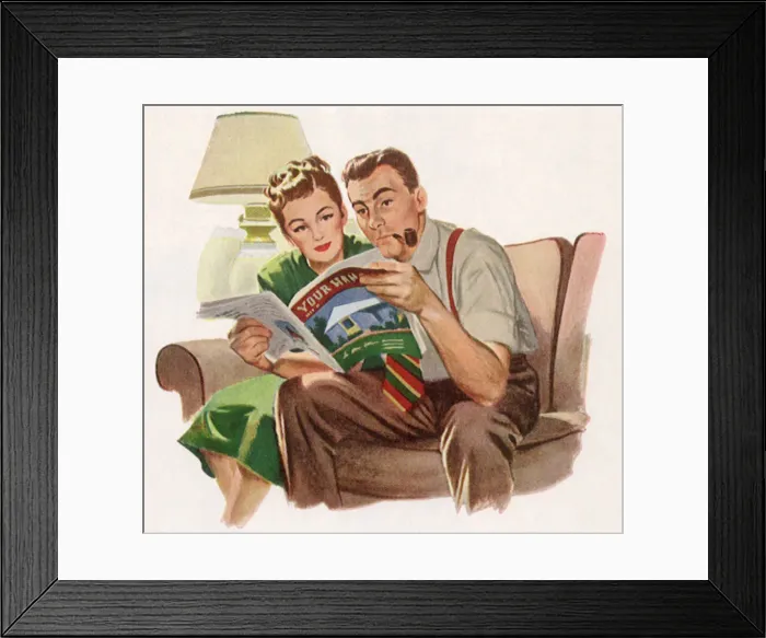 Framed Print : Couple on Couch Date: 1950 Framed Print : Couple on Couch Date: 1950