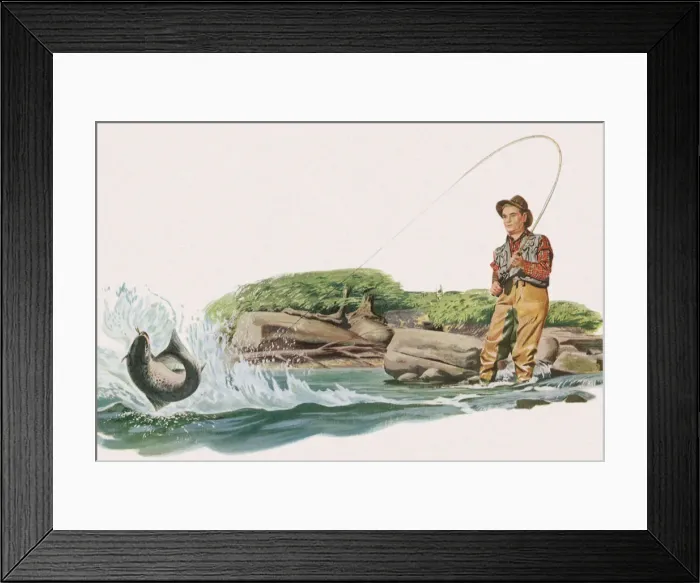 Framed Print : Fisherman Snags Salmon Date: 1950 Framed Print : Fisherman Snags Salmon Date: 1950