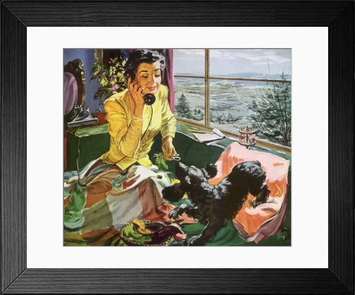 Framed Print : Woman with Dog on Phone Date: 1950 Framed Print : Woman with Dog on Phone Date: 1950