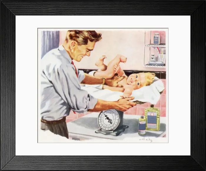 Framed Print : Weighing Squirmy Baby Date: 1947 Framed Print : Weighing Squirmy Baby Date: 1947