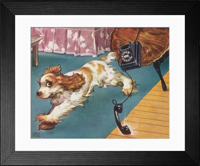 Framed Print : Pup Upsets Table, Phone Date: 1948 Framed Print : Pup Upsets Table, Phone Date: 1948