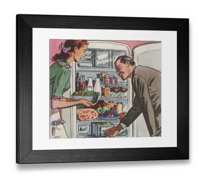 Framed Print : Couple at Refrigerator Date: 1948 Framed Print : Couple at Refrigerator Date: 1948