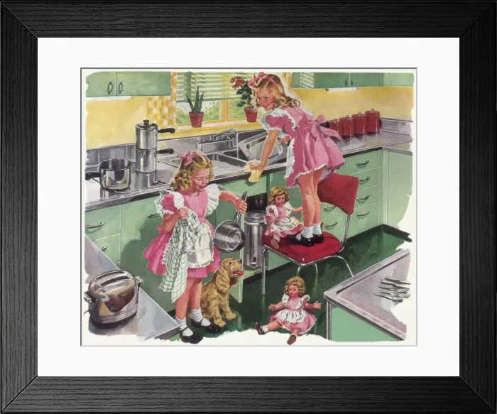 Framed Print : Twin Girls Do Washing Date: 1948 Framed Print : Twin Girls Do Washing Date: 1948