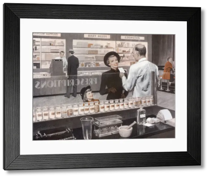 Framed Print : Woman and Pharmacist Date: 1948 Framed Print : Woman and Pharmacist Date: 1948