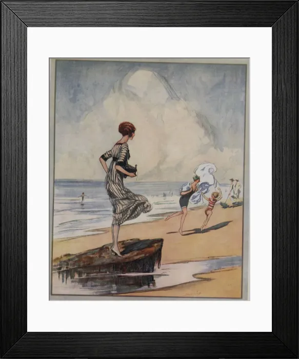 Framed Print : Woman holds Camera on the Beach Date: 1920 Framed Print : Woman holds Camera on the Beach Date: 1920