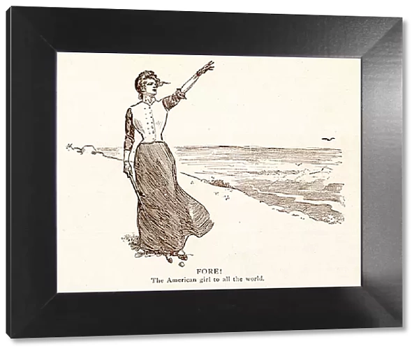 Lady points skyward with golf club in hand by the sea Date: 1900