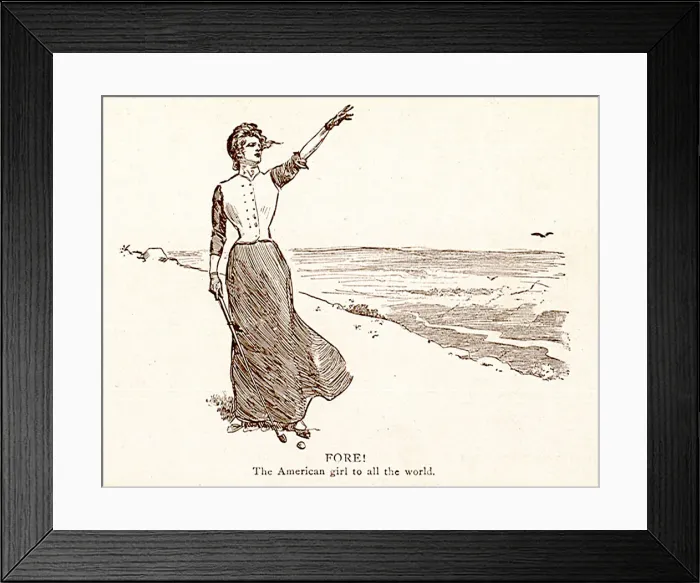 Framed Print : Lady points skyward with golf club in hand by the sea Date: 1900 Framed Print : Lady points skyward with golf club in hand by the sea Date: 1900