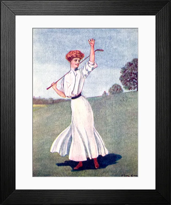 Framed Print : Woman in white holding up tiny golf ball of the golf course Date: 1905 Framed Print : Woman in white holding up tiny golf ball of the golf course Date: 1905