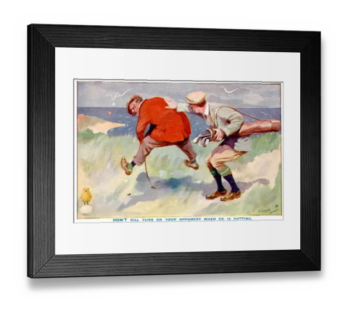 Framed Print : Man Hitting Flies off Man trying to putt on golf course Date: 1912 Framed Print : Man Hitting Flies off Man trying to putt on golf course Date: 1912