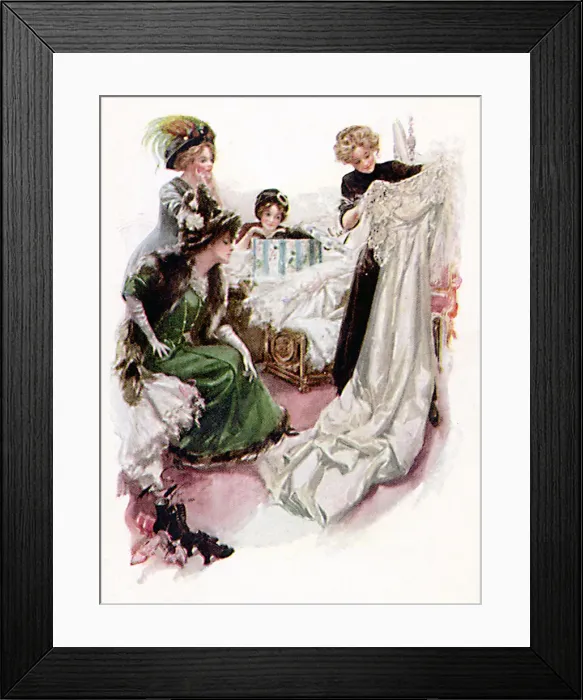 Framed Print : Woman looks at wedding dress with girl friends Date: 1908 Framed Print : Woman looks at wedding dress with girl friends Date: 1908