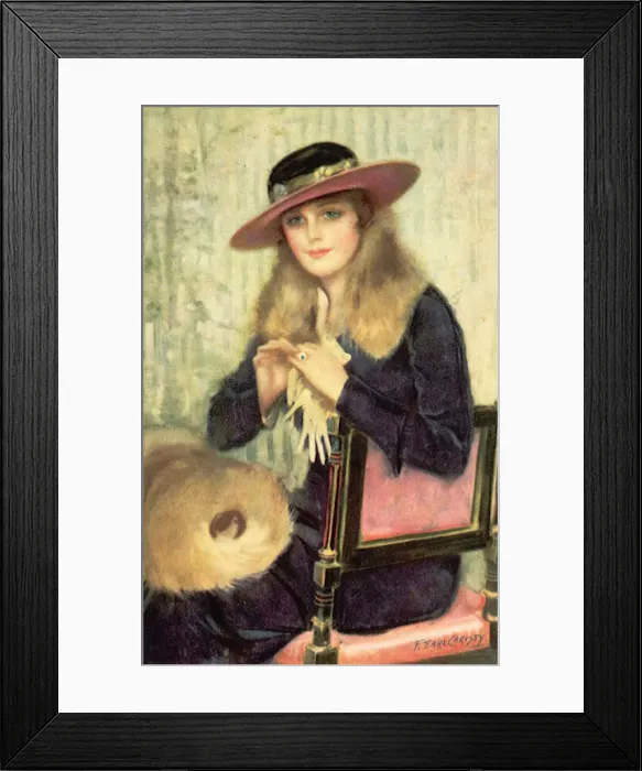 Framed Print : Fashionably dressed lady in hat sits waiting in a chair Date: 1910 Framed Print : Fashionably dressed lady in hat sits waiting in a chair Date: 1910
