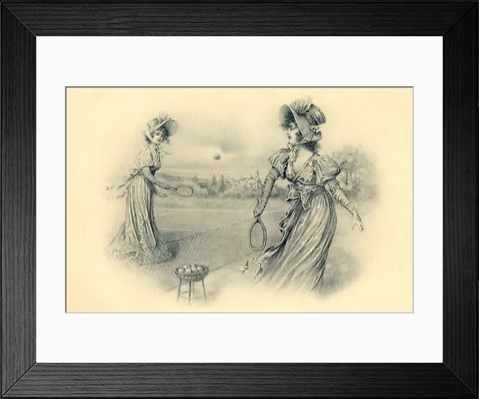 Framed Print : Women in dresses playing tennis Date: 1895