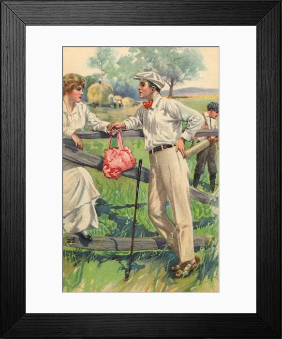 Framed Print : Couple lean on a fence at the golf course Date: 1910 Framed Print : Couple lean on a fence at the golf course Date: 1910