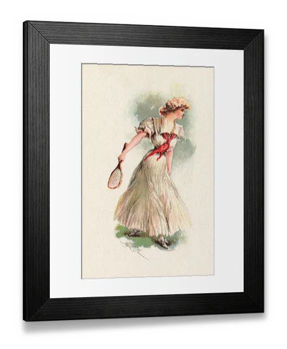 Framed Print : Woman in white dress and red scarf with tennis racquet Date: 1905 Framed Print : Woman in white dress and red scarf with tennis racquet Date: 1905