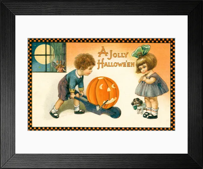 Framed Print : Boy wheeling Jack O Lantern in a cart to a dotinggirl Date: 1910 Framed Print : Boy wheeling Jack O Lantern in a cart to a dotinggirl Date: 1910