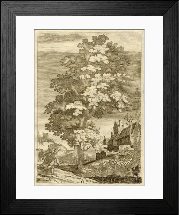 Framed Print : Drawing of tree and two men with buildings on hills Date: 1751 Framed Print : Drawing of tree and two men with buildings on hills Date: 1751