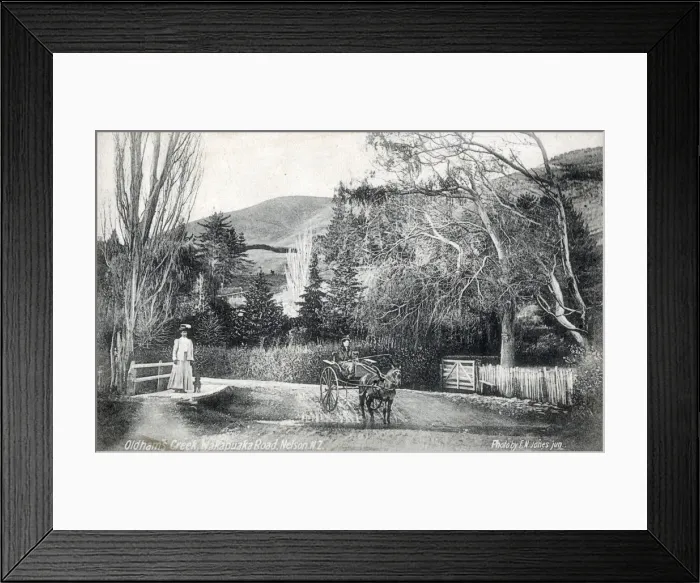 Framed Print : Oldhams Creek, Wakapuaka Road, Nelson, New Zealand. Date: circa 1910s Framed Print : Oldhams Creek, Wakapuaka Road, Nelson, New Zealand. Date: circa 1910s