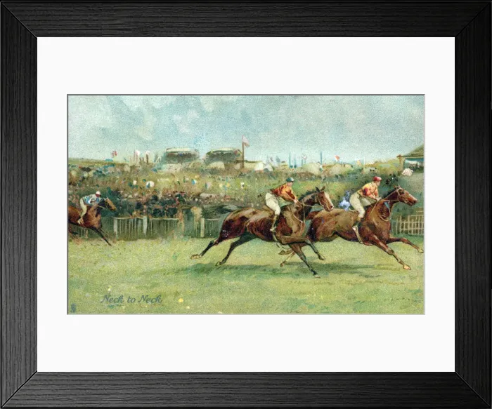Framed Print : Horseracing scene - Neck to Neck as the finish approaches... Date: circa 1910s Framed Print : Horseracing scene - Neck to Neck as the finish approaches... Date: circa 1910s