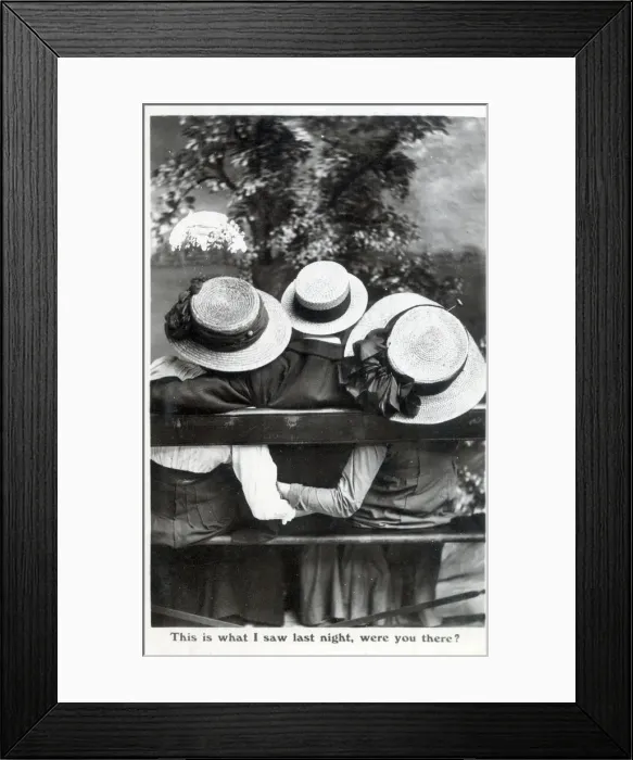 Framed Print : Comic Postcard - Gent and two ladies on a bench - This is what I saw last night Framed Print : Comic Postcard - Gent and two ladies on a bench - This is what I saw last night