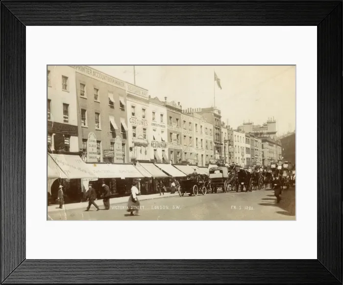 Framed Print : Victoria Street, London - Shops, Carriages, Horse Buses Framed Print : Victoria Street, London - Shops, Carriages, Horse Buses