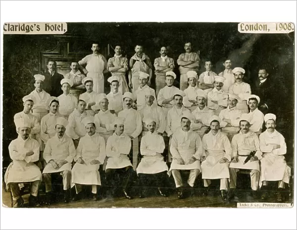 12458362. Group photo, Claridges Hotel kitchen staff, Mayfair, London W1. Date: 1908
