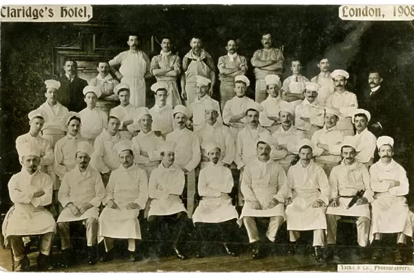12458362. Group photo, Claridges Hotel kitchen staff, Mayfair, London W1. Date: 1908