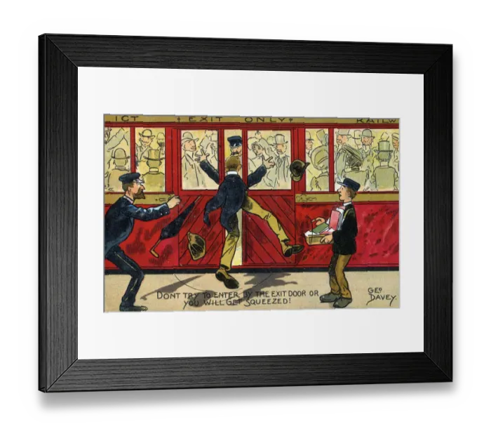 Framed Print : (insert). Comic Postcard - Don t try to enter by the Exit Door or you will get Squeezed Framed Print : (insert). Comic Postcard - Don t try to enter by the Exit Door or you will get Squeezed