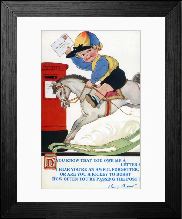 Framed Print : Young Jockey on a rocking horse posting a letter Framed Print : Young Jockey on a rocking horse posting a letter