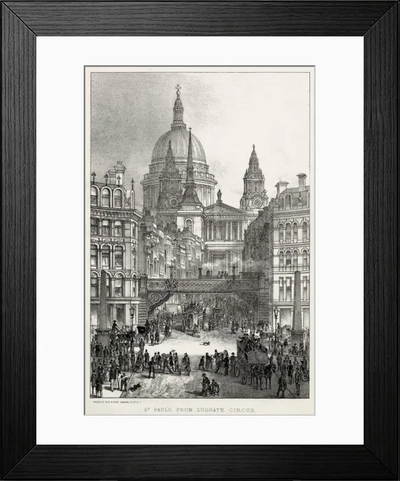 Framed Print : Ludgate Circus viaduct, St Pauls Cathedral appearing behind the buildings Framed Print : Ludgate Circus viaduct, St Pauls Cathedral appearing behind the buildings