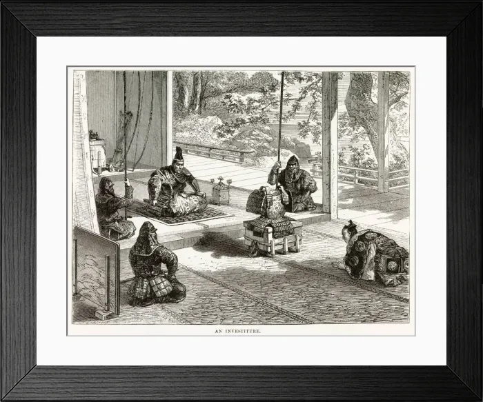 Framed Print : Japanese overlord presents armour to grateful subordinate in formal ceremony of Framed Print : Japanese overlord presents armour to grateful subordinate in formal ceremony of
