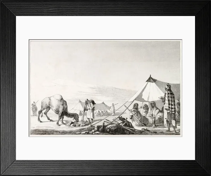 Framed Print : An Arab camp - a camel is given water whilst men rest in tents, smoking and drinking Framed Print : An Arab camp - a camel is given water whilst men rest in tents, smoking and drinking