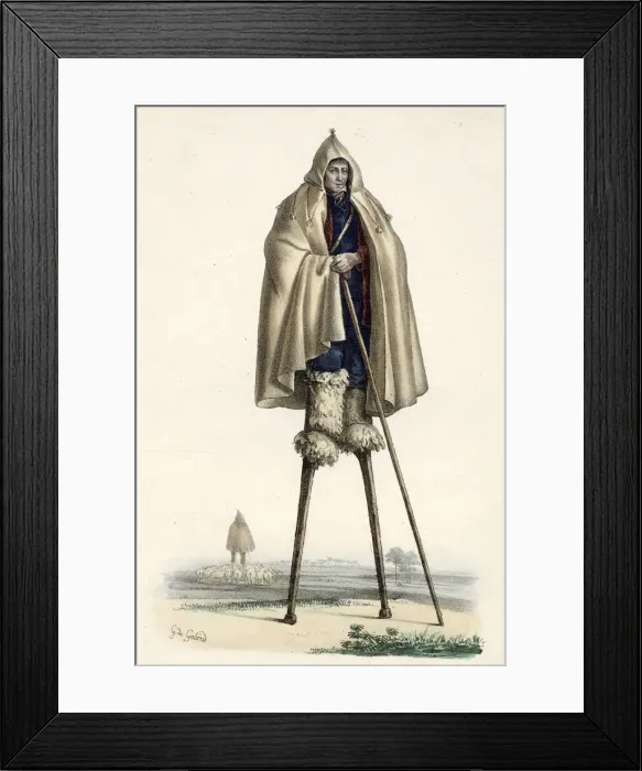 Framed Print : Shepherd of les Landes, southwest France, mounted on stilts Date: circa 1840 Framed Print : Shepherd of les Landes, southwest France, mounted on stilts Date: circa 1840