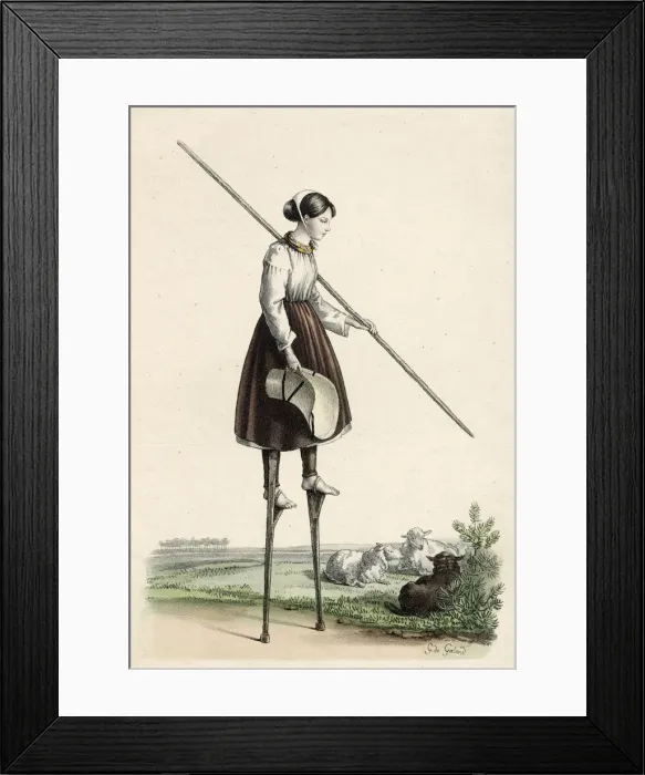 Framed Print : Shepherdess of les Landes, southwest France, mounted on stilts Date: circa 1840 Framed Print : Shepherdess of les Landes, southwest France, mounted on stilts Date: circa 1840