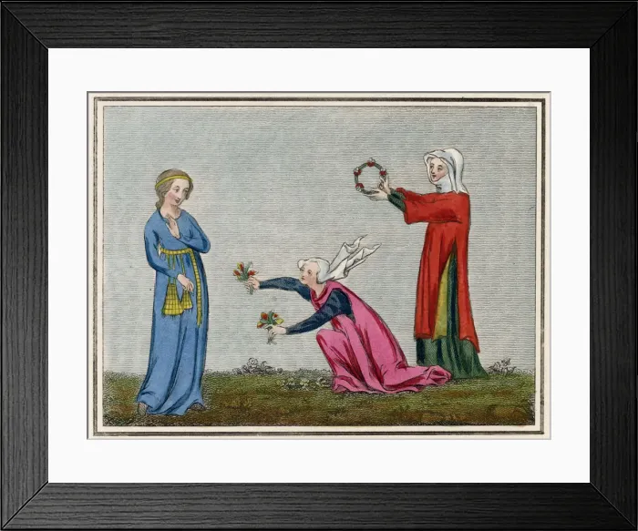 Framed Print : Two women make an offering of flowers to another lady. Date: 14th century Framed Print : Two women make an offering of flowers to another lady. Date: 14th century