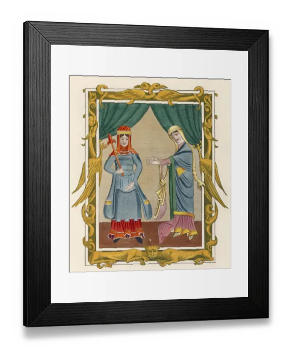 Framed Print : Two women in dress of the 12th century with a decorative border featuring golden Framed Print : Two women in dress of the 12th century with a decorative border featuring golden