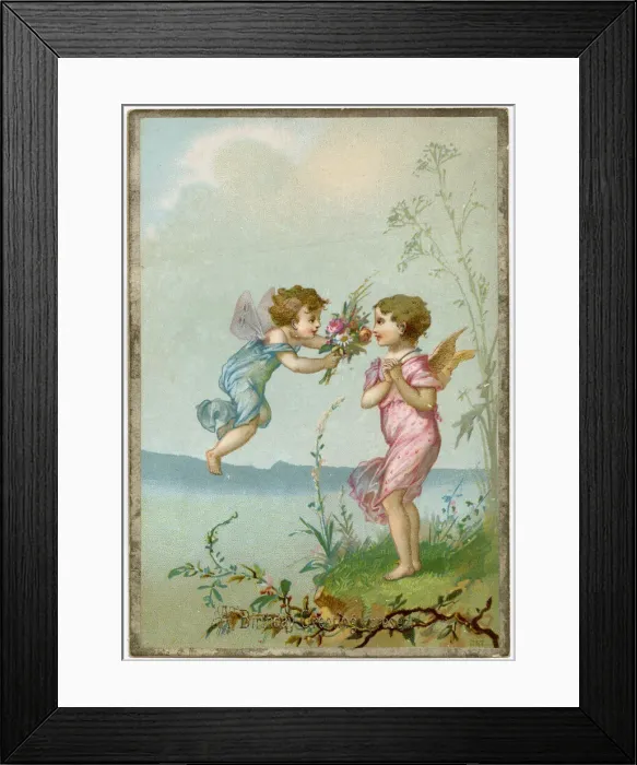 Framed Print : A fairy dressed in blue gives some flowers to a fairy dressed in pink Framed Print : A fairy dressed in blue gives some flowers to a fairy dressed in pink