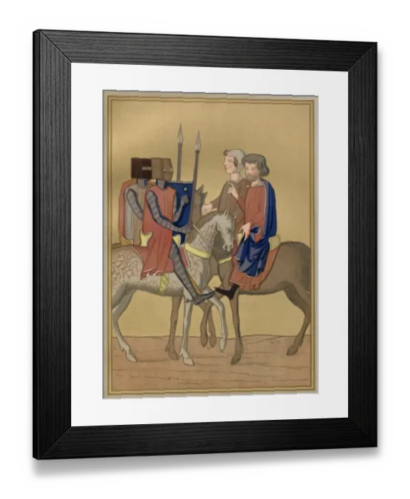 Framed Print : Ivain of the White Hands, with Giron le Courtois, are warned of danger by two travellers Framed Print : Ivain of the White Hands, with Giron le Courtois, are warned of danger by two travellers
