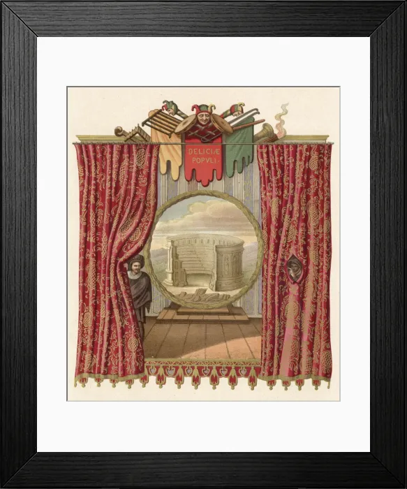 Framed Print : Stage, with curtain and peep- hole, and painted backdrop beyond Date: 17th century Framed Print : Stage, with curtain and peep- hole, and painted backdrop beyond Date: 17th century