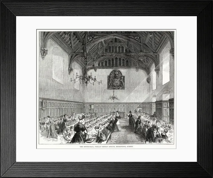 Framed Print : Interior in the dinning-hall, female orphan asylum in Beddington, Surrey. Date: 1875 Framed Print : Interior in the dinning-hall, female orphan asylum in Beddington, Surrey. Date: 1875