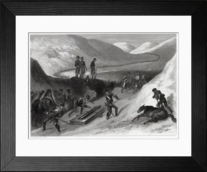 Framed Print : Napoleon crosses the St Bernard pass into Italy : his cannon are carried on sledges Framed Print : Napoleon crosses the St Bernard pass into Italy : his cannon are carried on sledges