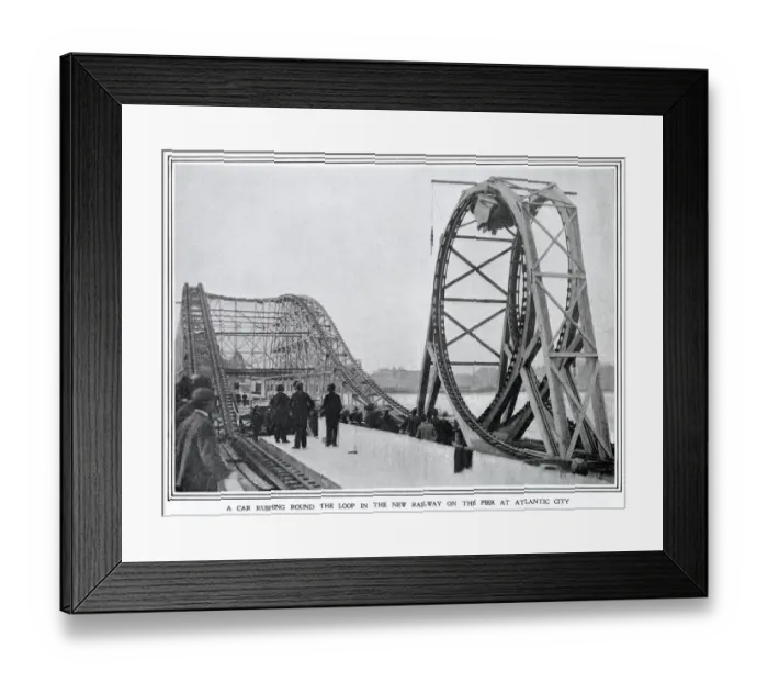 Framed Print : A car rushes round the loop at the Switchback on the pier at Atlantic City, America Framed Print : A car rushes round the loop at the Switchback on the pier at Atlantic City, America