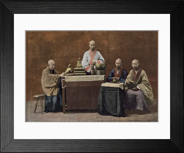 Framed Print : A group of BONZES - Buddhist priests, with shaved heads Date: 1890s Framed Print : A group of BONZES - Buddhist priests, with shaved heads Date: 1890s