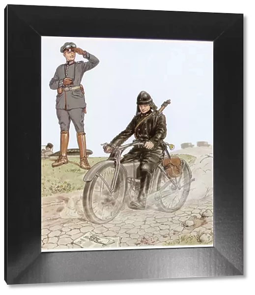 A despatch rider of the Wurttemberg forces of the German army speeds along on his
